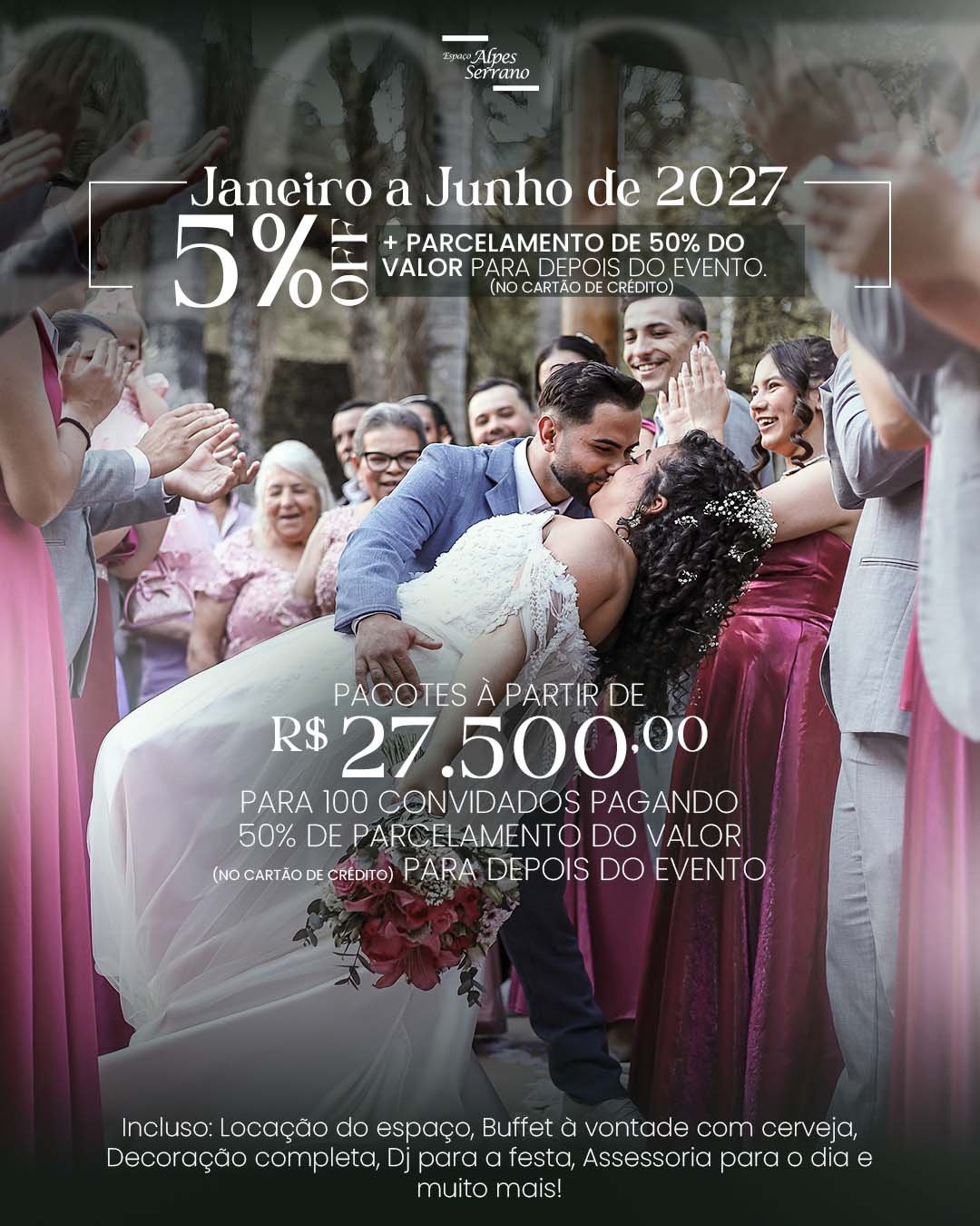Seu casamento completo em 2027, na Serra da Cantareira, com até 5% OFF e parcelamento de até 50% para após o evento!