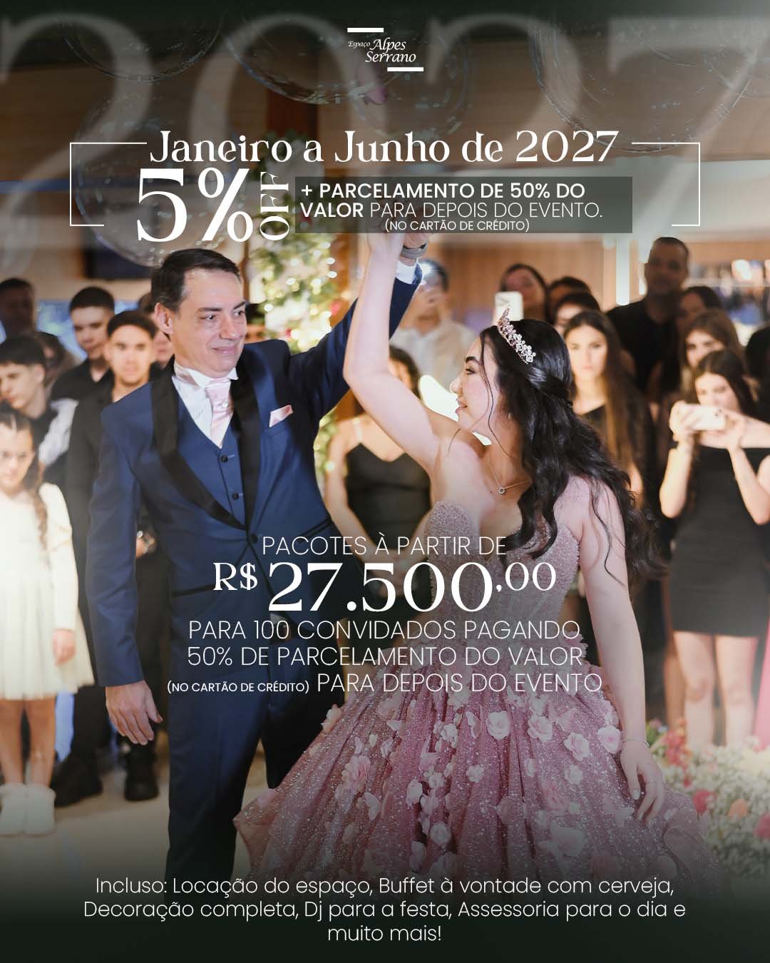 Seu casamento completo em 2027, na Serra da Cantareira, com até 5% OFF e parcelamento de até 50% para após o evento!