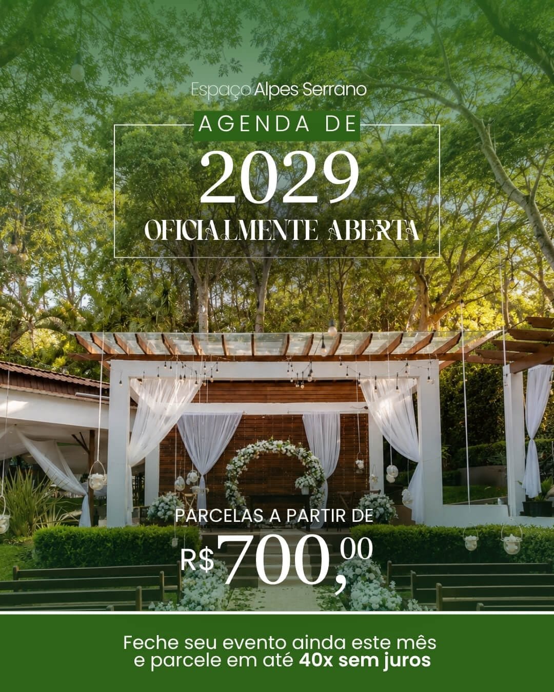 Seu casamento completo em 2029, com parcelas a partir de R$700! No Espaço Alpes Serrano.